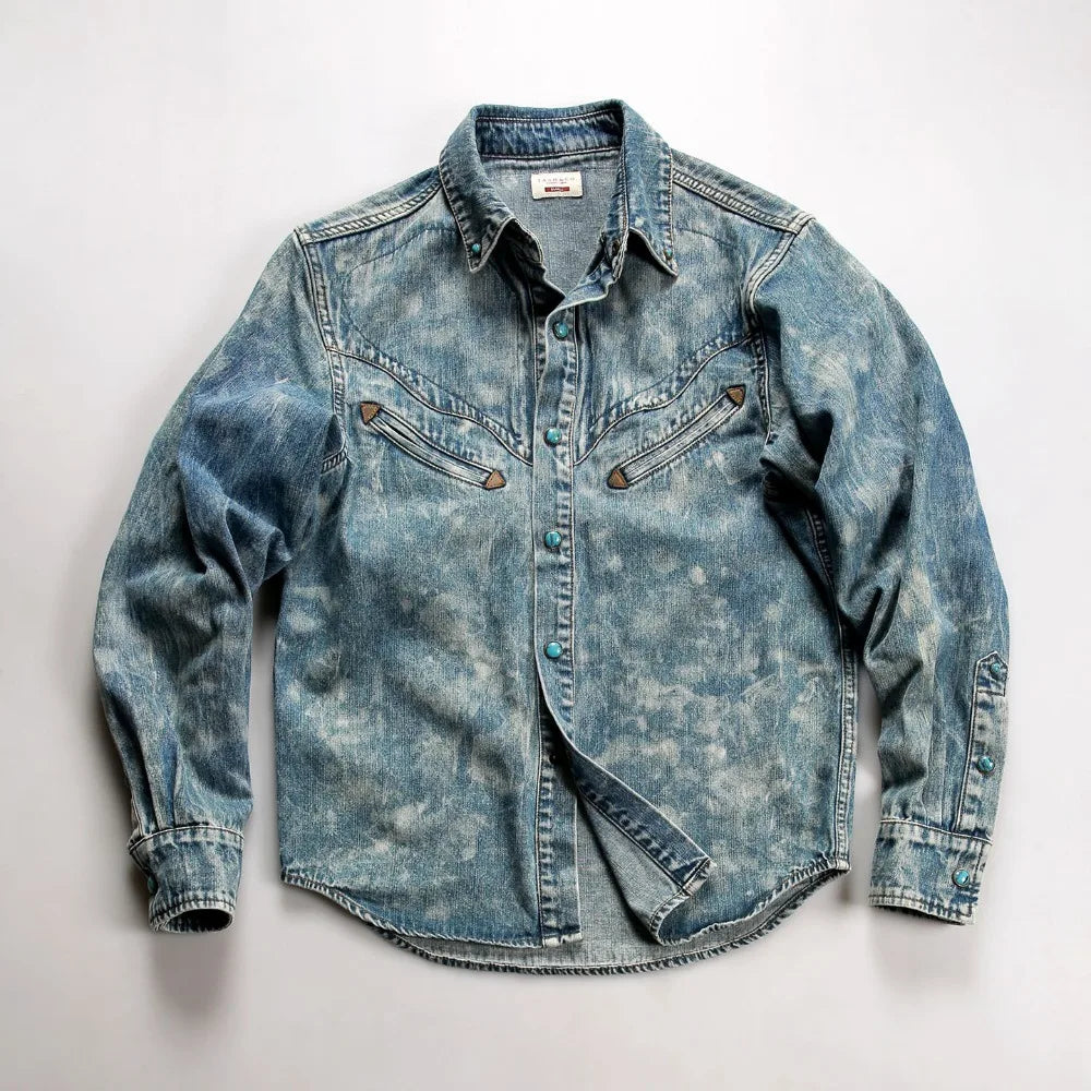Mens Denim Shirt Vintage American Style Cotton Long Sleeve with Green Buttons