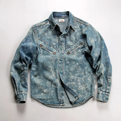 Mens Denim Shirt Vintage American Style Cotton Long Sleeve with Green Buttons