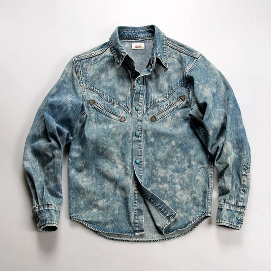 Mens Denim Shirt Vintage American Style Cotton Long Sleeve with Green Buttons