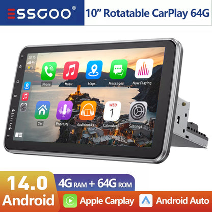 10.1'' 4+64GB 360° Rotatable Single 1DIN Car Stereo Android 14 Carplay WIFI Head Unit FM Radio Bluetooth SWC GPS Navi+DVR&Camera