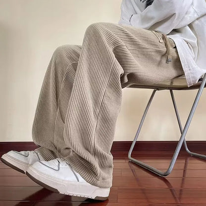 Men's Winter Thickened Fleece Lined Corduroy Wide Leg Sporty Casual Pants Loose Fit Straight Leg Long Trousers Fashionable Yo...