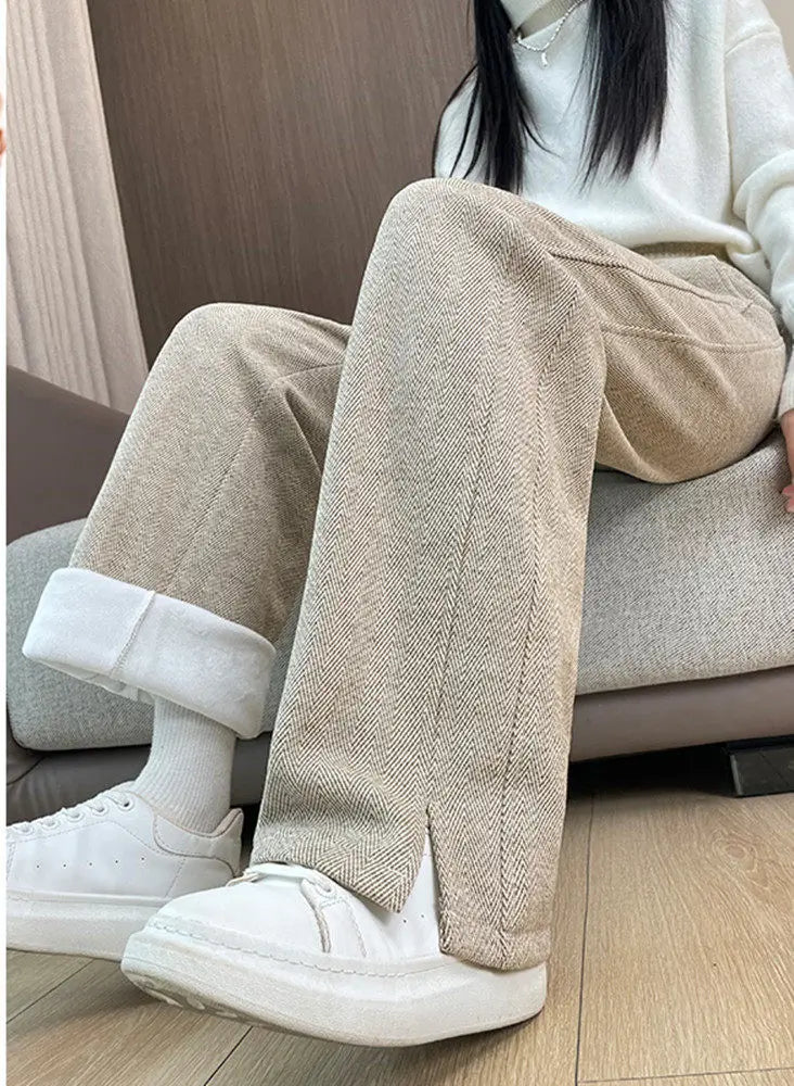 Thickened Woolen Straight Leg Pants Women's High Waist Wide Leg Trousers Autumn Winter Casual Pants Pocket Design Cotton Blend