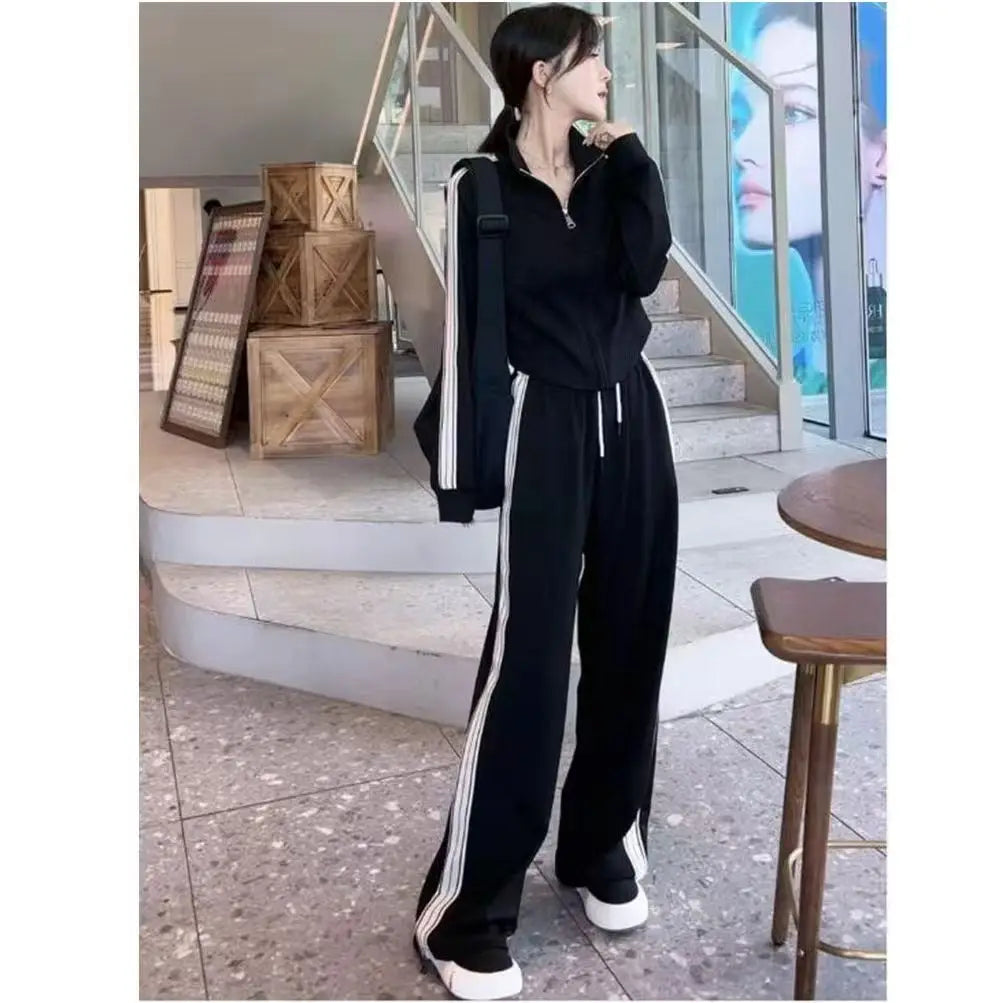 Fashionable Sportswear Set Women's Stand Collar Sweatshirt Slimming Two-Piece Suit Korean Style Commute High Waist Long Pants