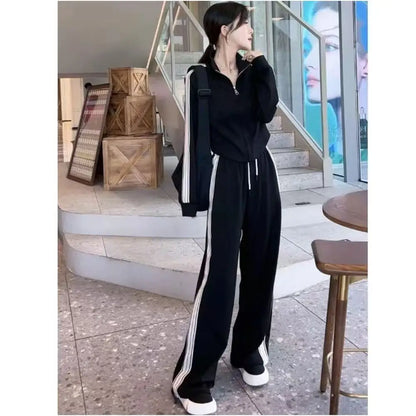 Fashionable Sportswear Set Women's Stand Collar Sweatshirt Slimming Two-Piece Suit Korean Style Commute High Waist Long Pants