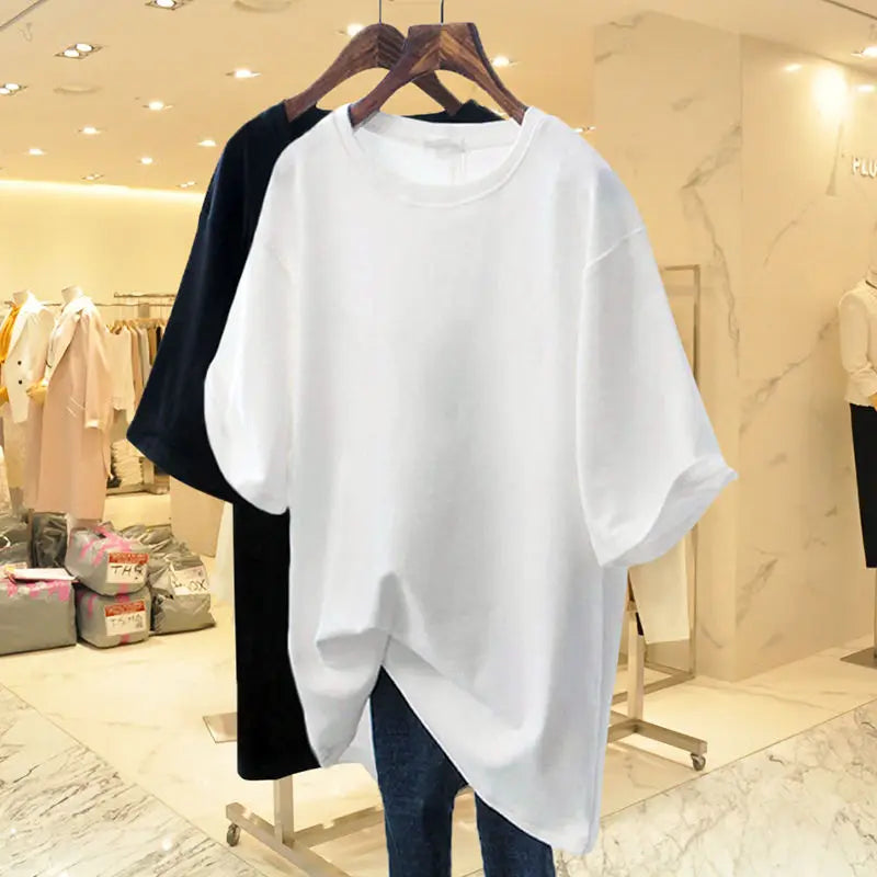 Women Clothing Fashion Cotton O-neck Short Sleeve T-shirt Summer Casual Loose Oversized Solid Top Tee Basic Pullover 45-105Kg