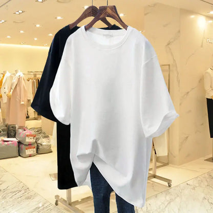 Women Clothing Fashion Cotton O-neck Short Sleeve T-shirt Summer Casual Loose Oversized Solid Top Tee Basic Pullover 45-105Kg