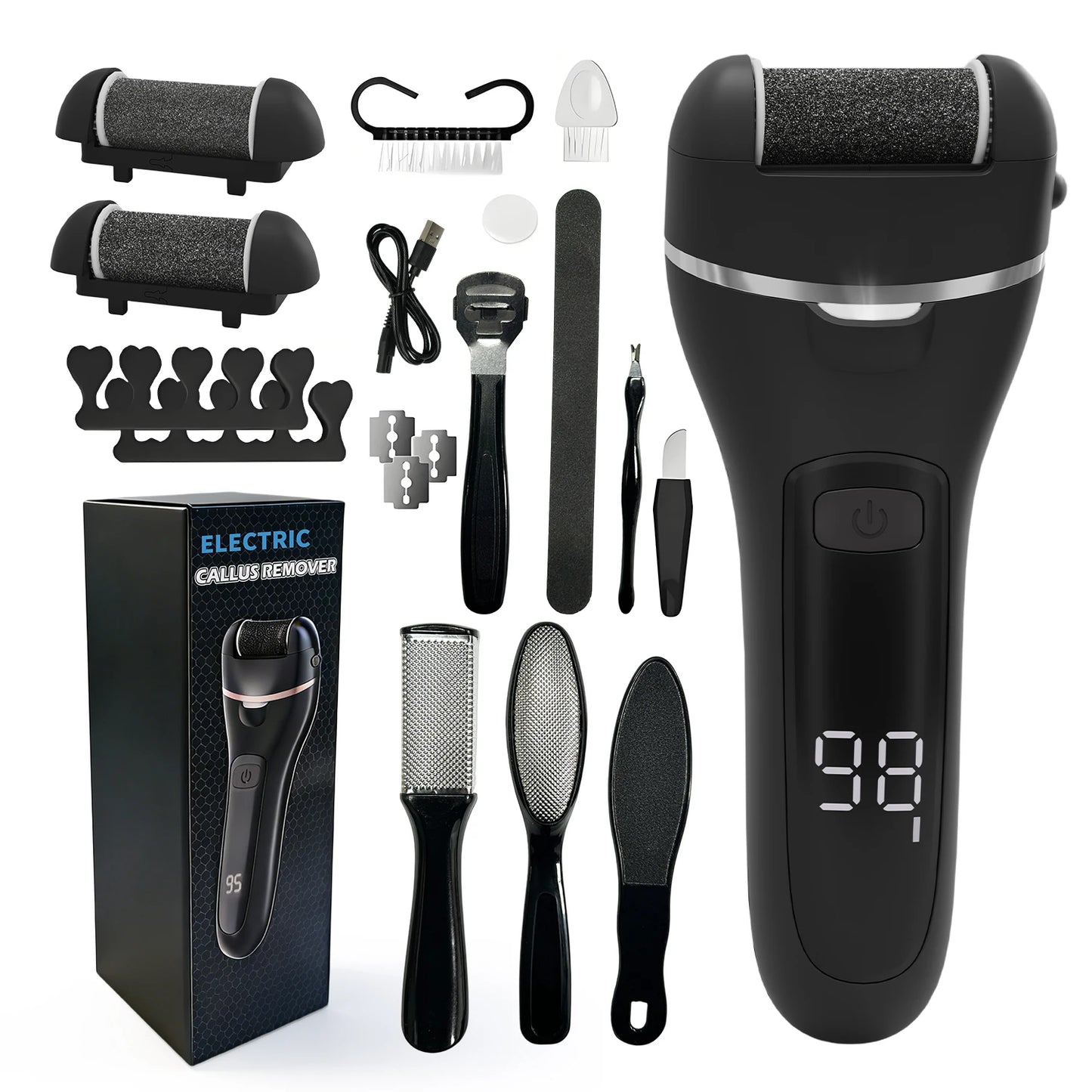 Professional Electric Callus Remover Pedicure Machine Rechargeable Foot File Grinder with 3 Scrubbing Heads for Dead Skin Remova