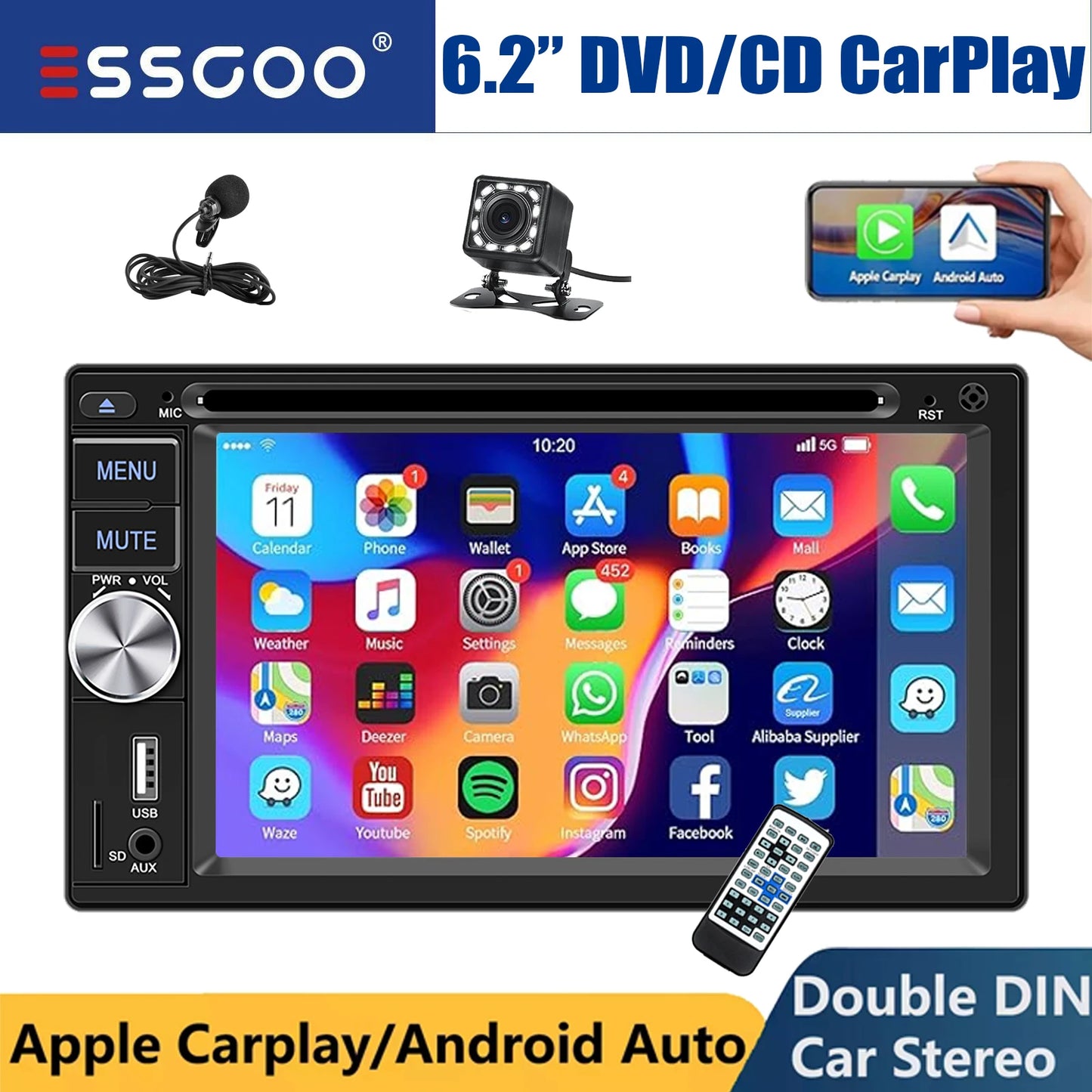 6.2" Double 2 DIN Car Stereo Radio CD DVD Player Apple Carplay & Android Auto FM/RDS HD Touch Screen Bluetooth USB TF+MIC&Camera