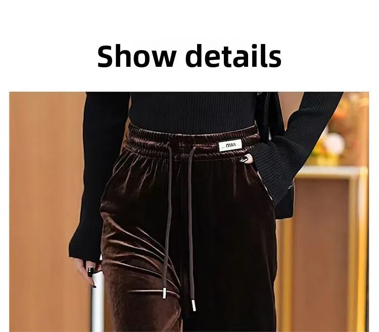 Fashionable Gold Velvet Wide Leg Pants Women's Winter Loose Slimming High Waist Fleece Casual Straight Long Trousers