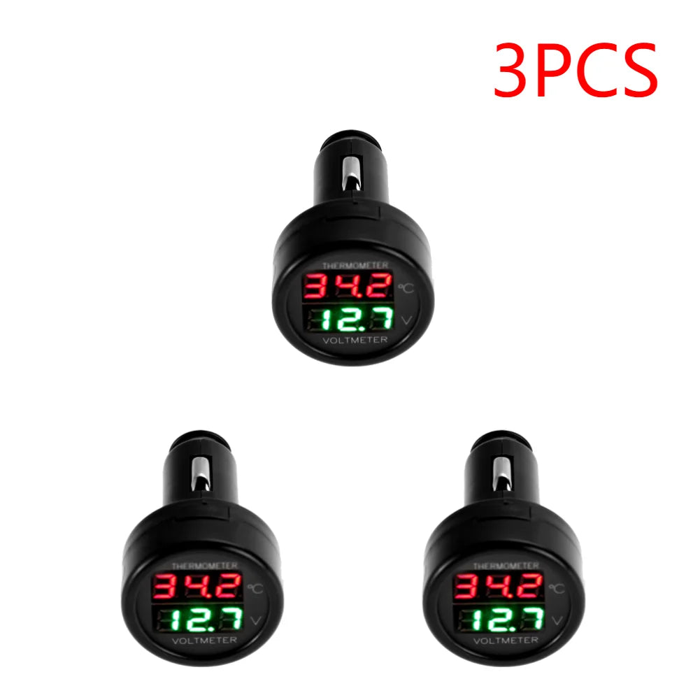 2 IN 1 12V 24V Car Voltmeter Thermometer Cigarette Lighter Car Battery Monitor LED Digital Dual Display For Cars Trucks RVs Boat