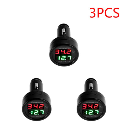 2 IN 1 12V 24V Car Voltmeter Thermometer Cigarette Lighter Car Battery Monitor LED Digital Dual Display For Cars Trucks RVs Boat