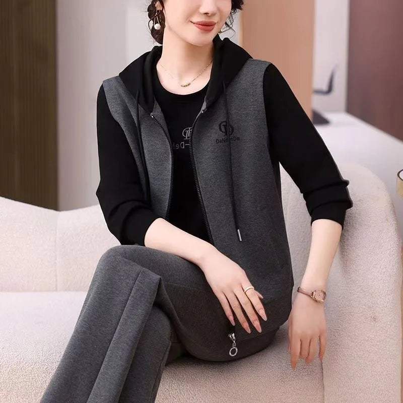 Casual Sporty Three-Piece Set for Middle-Aged And Elderly Women Loose Fit Mom Hoodie Vest Fashionable And Comfortable
