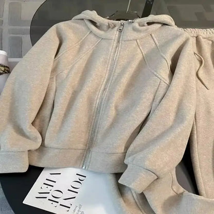 Korean Style Casual Sportswear Set Women's Autumn Winter Slimming Simple Fleece Zipper Sweatshirt Wide Leg Pants Two Piece Set