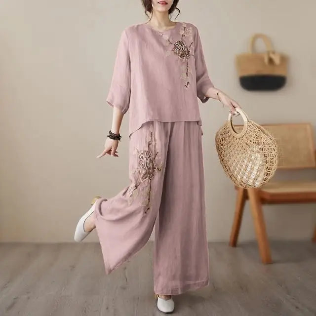 plus Size Women's Retro Cotton Linen Set Wide Leg Pants Slimming Mom Two Piece Suit Spring Fashion Korean Style Commute Wear