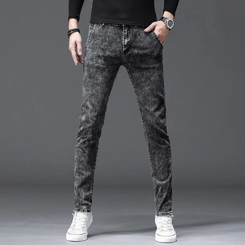 Fleece Lined Jeans Men's Trendy Slim Fit Bootcut Pants Autumn Winter Casual Long Trousers Youthful Style Wear Resistant