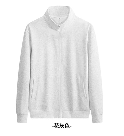 300g Premium China Cotton Zip Up Hoodie Solid Color Stand Collar Casual Unisex Streetwear Jacket for Spring Autumn