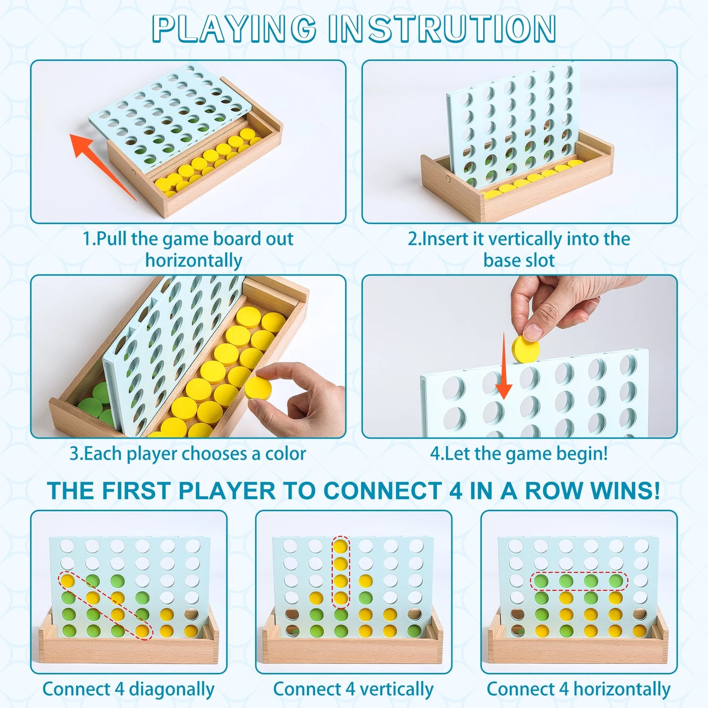 AIUAZA Wooden 4 in a Row Game - Classic Strategy Game for Adults Children-Connect Discs of Same Colour in a Row - Travel Games
