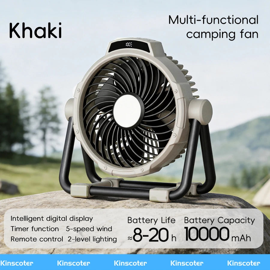 Multifunctional Camping Fan 10000mAh Portable Outdoor Rechargeable Fan 5 Speed Air Circulators w/ LED Light Hook Remote Control