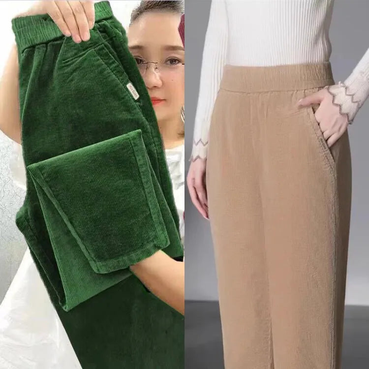 Autumn Winter Thickened Corduroy Casual Harlan Pants for Mom High Waist Loose Fit Straight Leg Casual Outerwear Polyester Fiber
