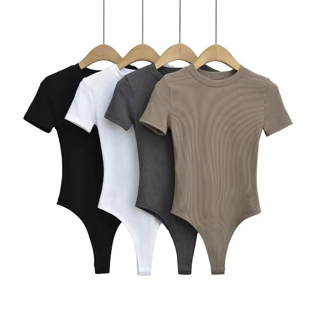 Summer Short Sleeve O-neck Knitted Bodysuits Women Stretchable Slim Basic Solid Color Tops