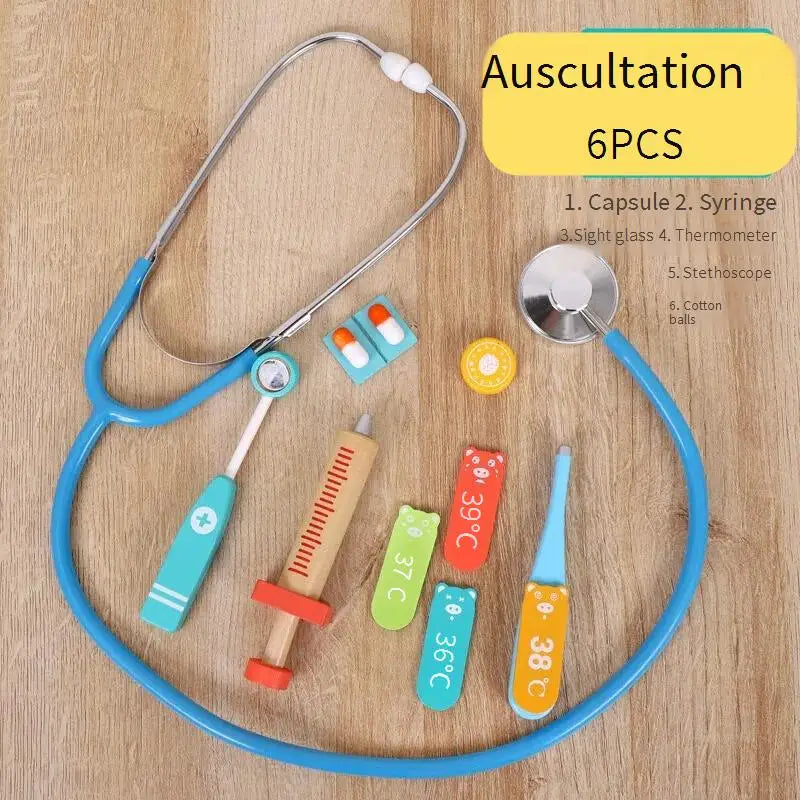Wooden doctor play house toy set simulation stethoscope injection play enlightenment role-playing game interactive toy