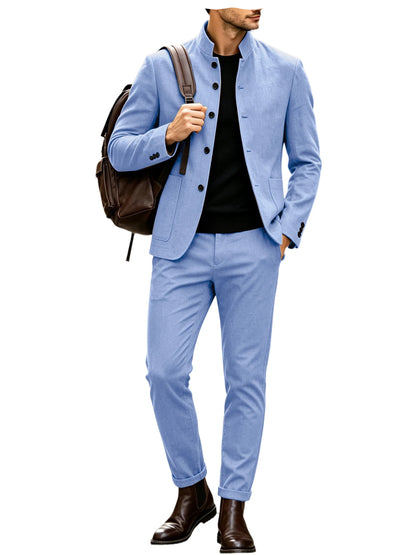 Men's Linen Stand Collar Suit 2-Piece Blazer & Pants Set Slim Fit Business Casual Tuxedo Jacket Trousers Formal Wedding Outfit