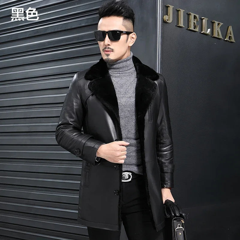 YOLANFAIRY Natural Leather and Fur Jackets for Men Midium Pure Sheepskin Genuine Leather Jacket Lapel Mens Winter Coat Thick 6XL