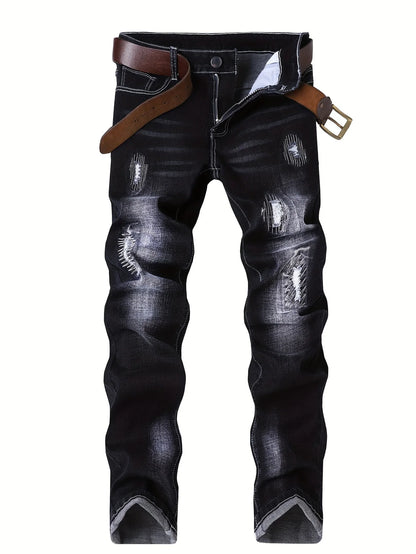 Motorcycle Trendy Straight Men's Jeans Elastic Washed Fashion Streetwear Denim Pants Embroidery Hip-Hop Trousers (Without Belt)