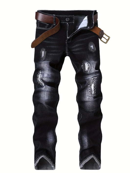 Motorcycle Trendy Straight Men's Jeans Elastic Washed Fashion Streetwear Denim Pants Embroidery Hip-Hop Trousers (Without Belt)