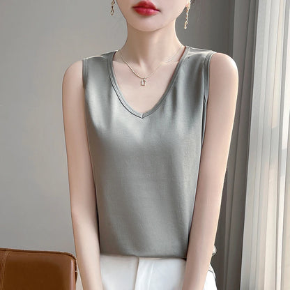 Summer New Cotton V-neck Camisole Women's Wide Shoulder Strap Bottoming Shirt Sleeveless Mercerized Cotton T-shirt