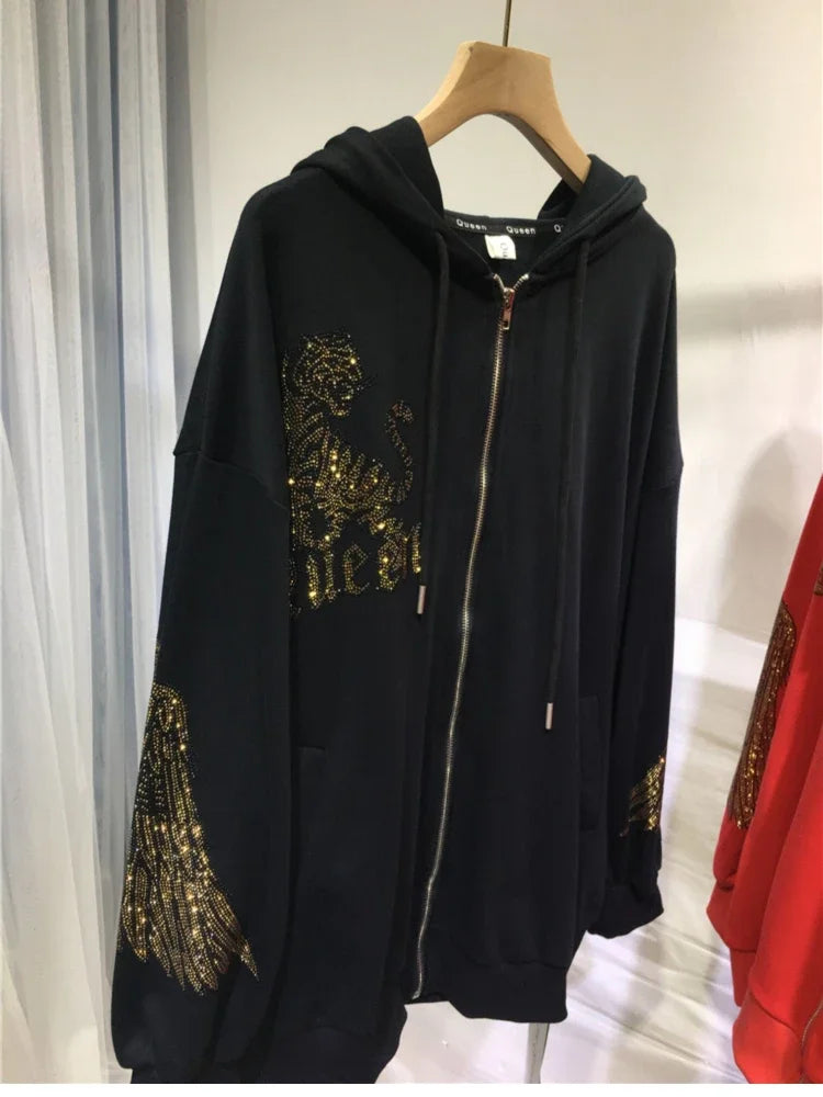 Vibrant Tiger Rhinestones Zip Up Plus Size Hoodies for Women Men Winter Autumn Luxury Big Size Hooded Sweatshirt with Zipper