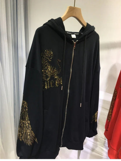 Vibrant Tiger Rhinestones Zip Up Plus Size Hoodies for Women Men Winter Autumn Luxury Big Size Hooded Sweatshirt with Zipper