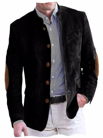 Men's Casual Blazer Flannel Suit Jacket With Elbow Patches Band Collar Brown Button Daily  Casual Slim Fit Customized Business