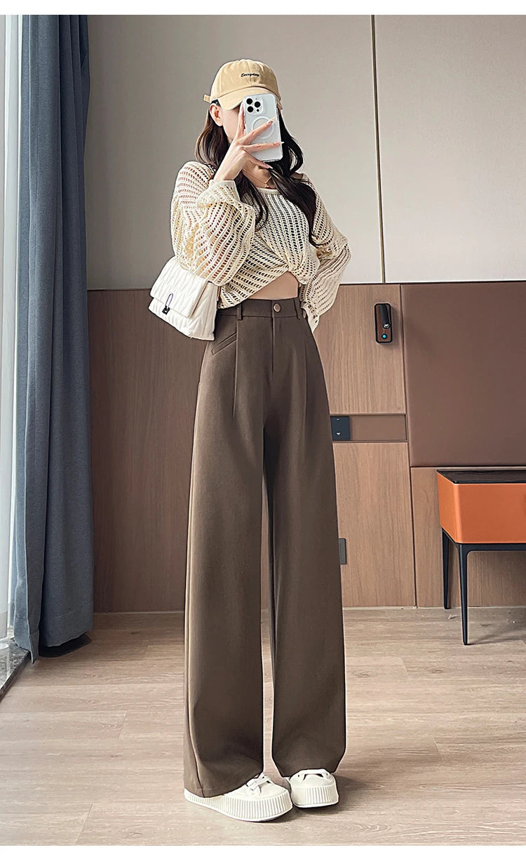 Seoulish Autumn Elegant Women's Wide Leg Pants 2024 New Korean Solid Button Casual Loose Office Full Length Trousers Female