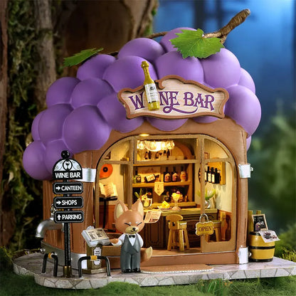 Hot Sale DIY Miniature Grape Wine Bar Dollhouse Kit with LED Light 3D Puzzle Mini House Gift for Friend Home Decor
