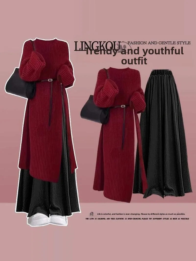 Fall Fashion High Waist Knitted Sweater Long Skirt Wide Leg Pants Two Piece Set Elegant Sweet Style plus Size Women's Suit