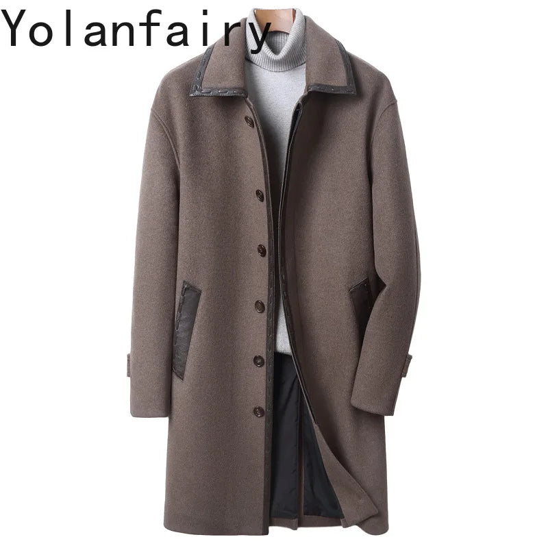YOLANFAIRY Korean High-end Cashmere Coats for Men Autumn Winter Mid-length 95% Wool Trench Coat Spliced Sheepskin Leather Jacket