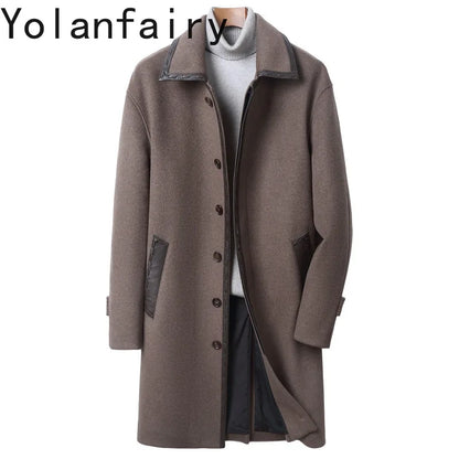 YOLANFAIRY Korean High-end Cashmere Coats for Men Autumn Winter Mid-length 95% Wool Trench Coat Spliced Sheepskin Leather Jacket