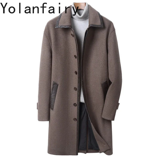 YOLANFAIRY Korean High-end Cashmere Coats for Men Autumn Winter Mid-length 95% Wool Trench Coat Spliced Sheepskin Leather Jacket