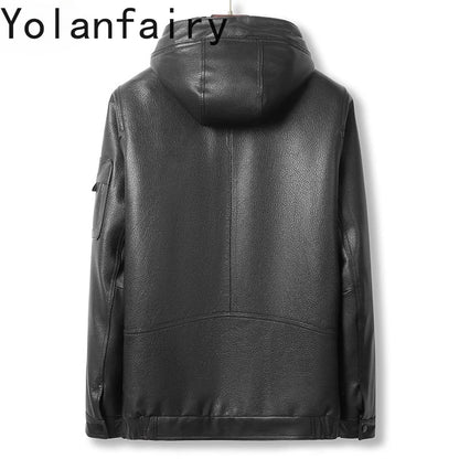 YOLANFAIRY Genuine Goatskin Leather Jacket for Man Real Fur Coat with Hood Winter Luxury Mink Fur Liner Men's Leather Jackets