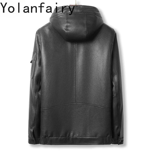 YOLANFAIRY Genuine Goatskin Leather Jacket for Man Real Fur Coat with Hood Winter Luxury Mink Fur Liner Men's Leather Jackets