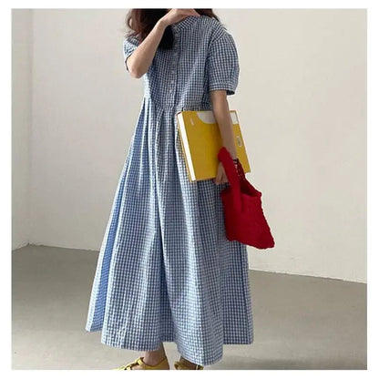 Summer New Long Sleeveless round Neck Plaid A-Line Dress Women's Sweet Style Cross-Border Fashion Cotton Linen Dress