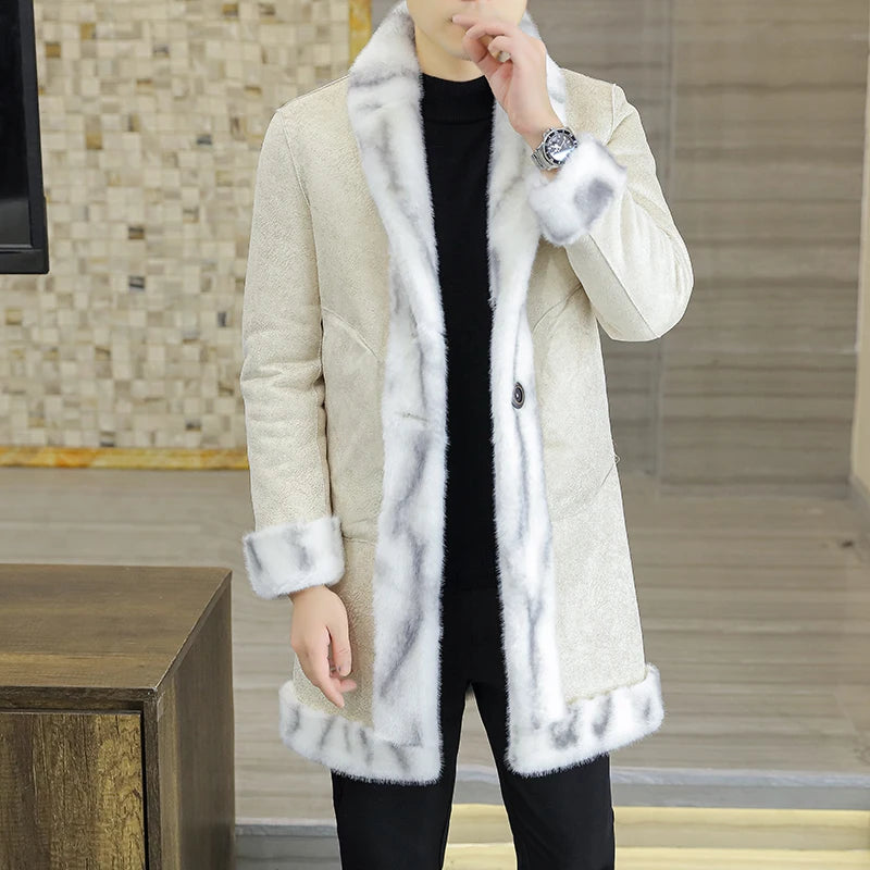 High Quality Fashion Handsome Double-sided Wear Fur One Thick Winter Suit Collar Trench Coat Gold Mink Fur Men's Top  Button
