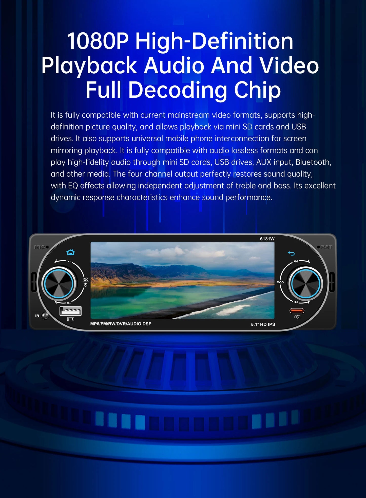 5.1Inch 1Din Car Radio MP5 IPS HD Player Support Wireless Carplay Android Auto Bluetooth FM AM RDS Stereo USB WIFI Video Player