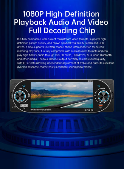 5.1Inch 1Din Car Radio MP5 IPS HD Player Support Wireless Carplay Android Auto Bluetooth FM AM RDS Stereo USB WIFI Video Player