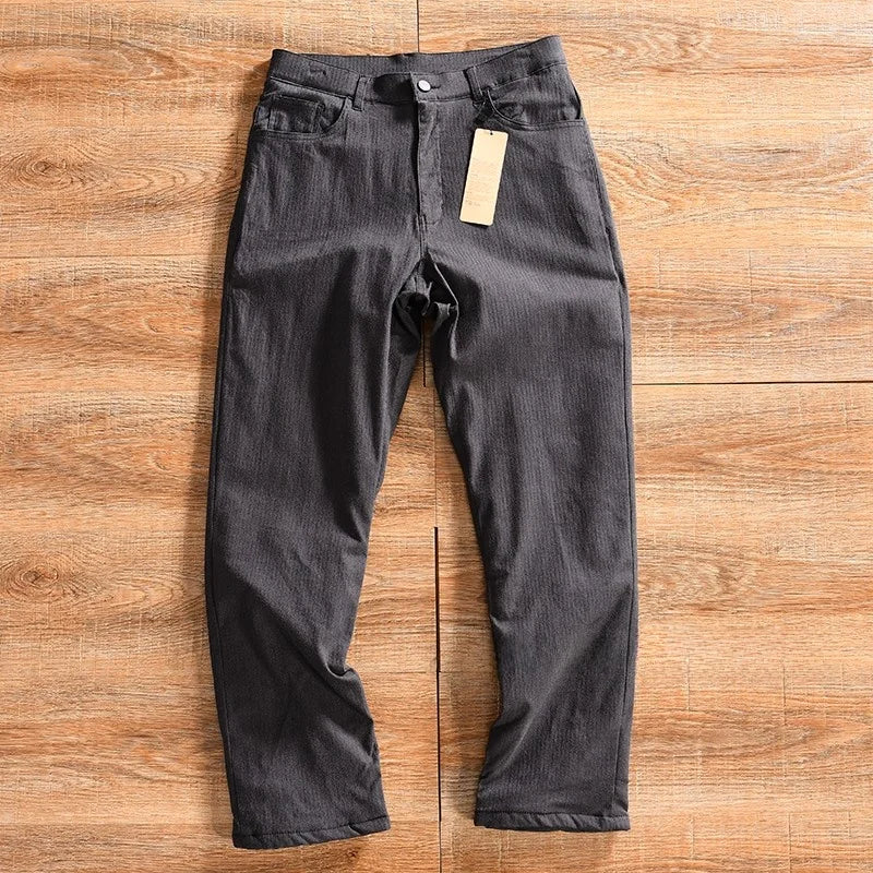 Men's Winter Business Casual Straight Leg Cotton Pants Thick Elastic Youthful Pure Color Versatile Comfortable Fit Trousers