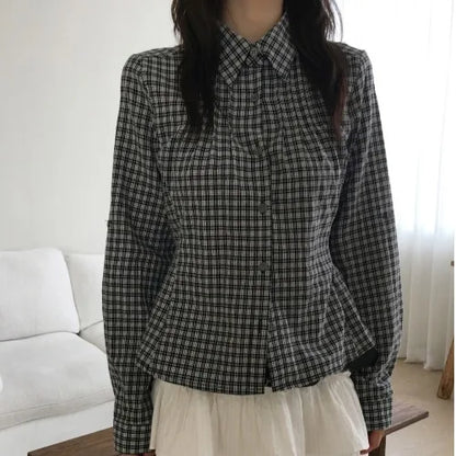 Slimming Plaid Shirt Women's New Chic Spring Vintage Turn-down Collar Waist-cinching Long Sleeve  Collar Top Korean Style