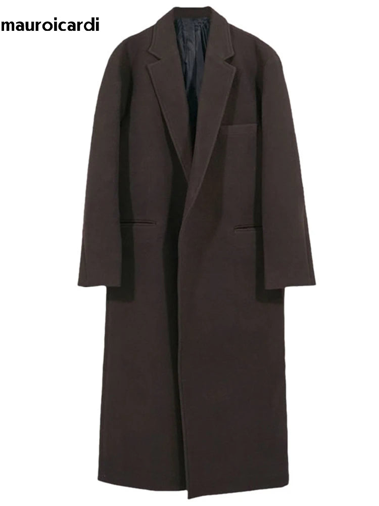 Mauroicardi Autumn Winter Long Casual Brown Black Soft Thick Warm Woolen Coat Men Sashes Luxury Designer Plus Size Overcoat 5XL