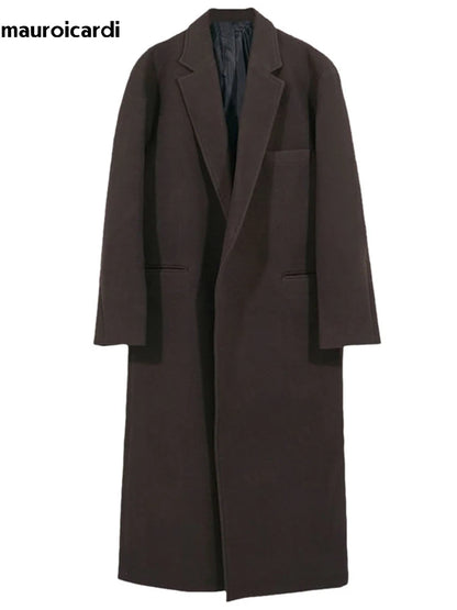Mauroicardi Autumn Winter Long Casual Brown Black Soft Thick Warm Woolen Coat Men Sashes Luxury Designer Plus Size Overcoat 5XL
