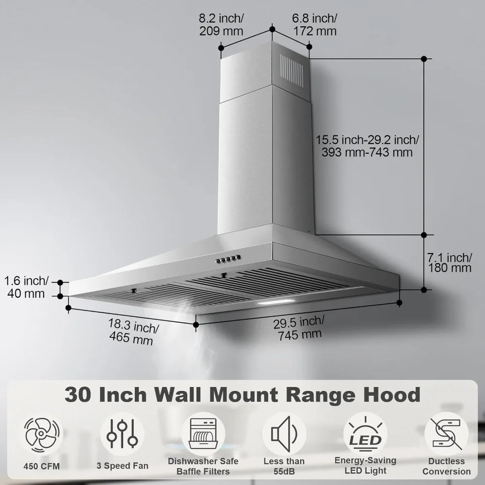 30 inch Wall Mount Range Hood, Ducted/Ductless Kitchen Hood, Stainless Steel, Baffle Filters, 3 Speed Fan, Push Button Control, LED Light